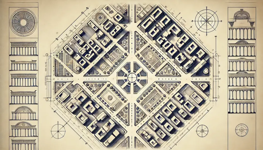 A schematic of Roman city planning, displaying geometric precision in the alignment of streets and buildings