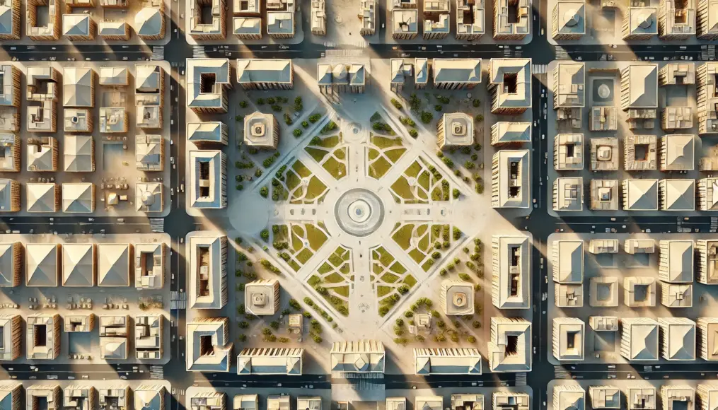 A top-down view of a Roman city center. Buildings and plazas are arranged according to the golden ratio, showcasing a highly calculated urban plan