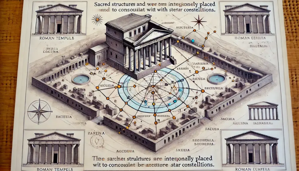 A diagram comparing Roman temple placement with celestial constellations, hinting at a potential sacred alignment