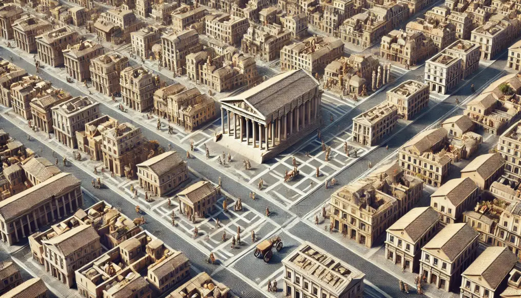 A structured Roman cityscape, featuring grid-like streets and perfectly arranged buildings, demonstrating meticulous planning