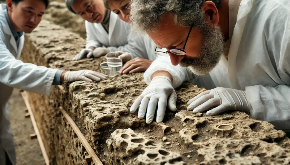 Scientists examining a section of Roman concrete, inspecting the nearly intact walls while analyzing its chemical composition