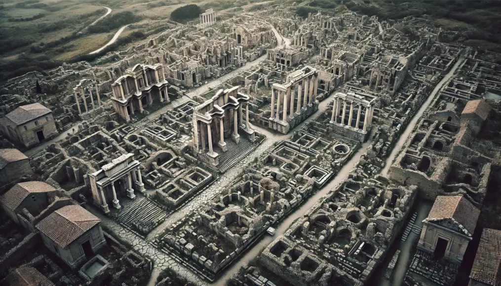 An aerial view of ancient Roman city ruins. Once-grand stone structures now stand in decay, with remnants of a meticulously designed city still visible despite centuries of erosion