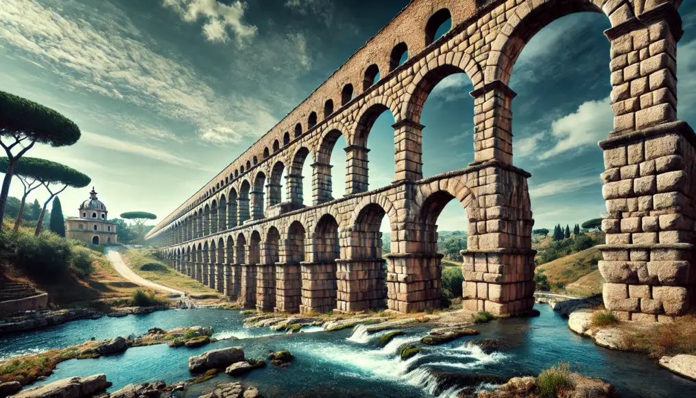 A grand ancient Roman aqueduct delivering water to the city. Towering stone arches stretch across the landscape, carrying clear flowing water under a bright blue sky