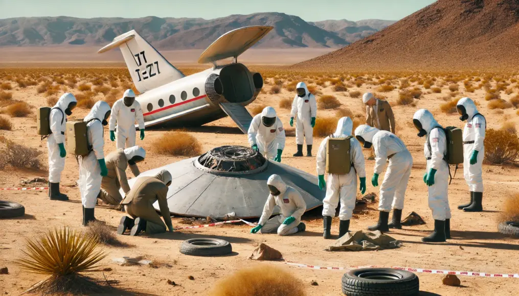 A re-creation of the Roswell Incident, depicting a crashed unidentified flying object in the desert with government agents investigating.