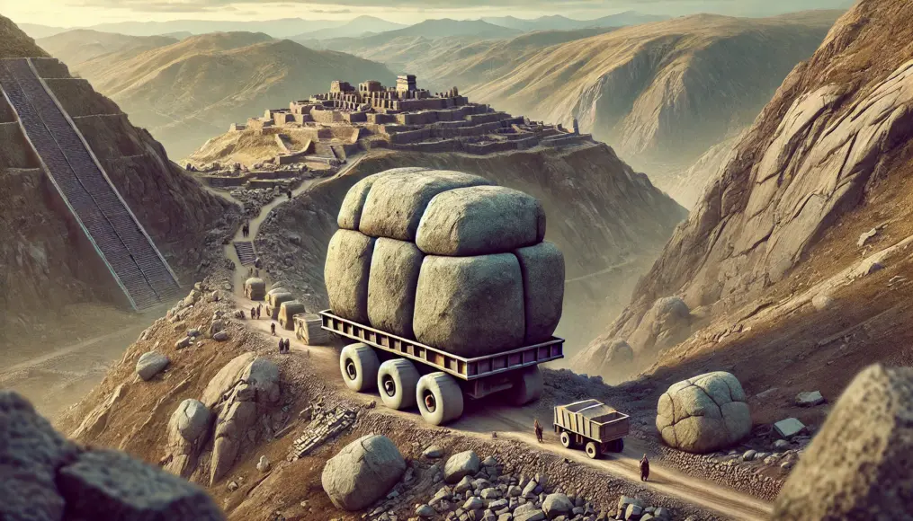 An artistic depiction symbolizing the transportation mystery of Sacsayhuamán's massive stones