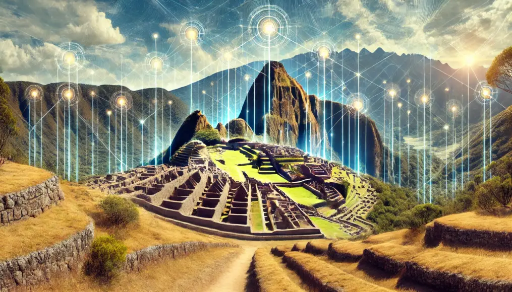 Depiction of Sacsayhuamán as a potential energy collection site, symbolizing its connection with Earth's energy fields