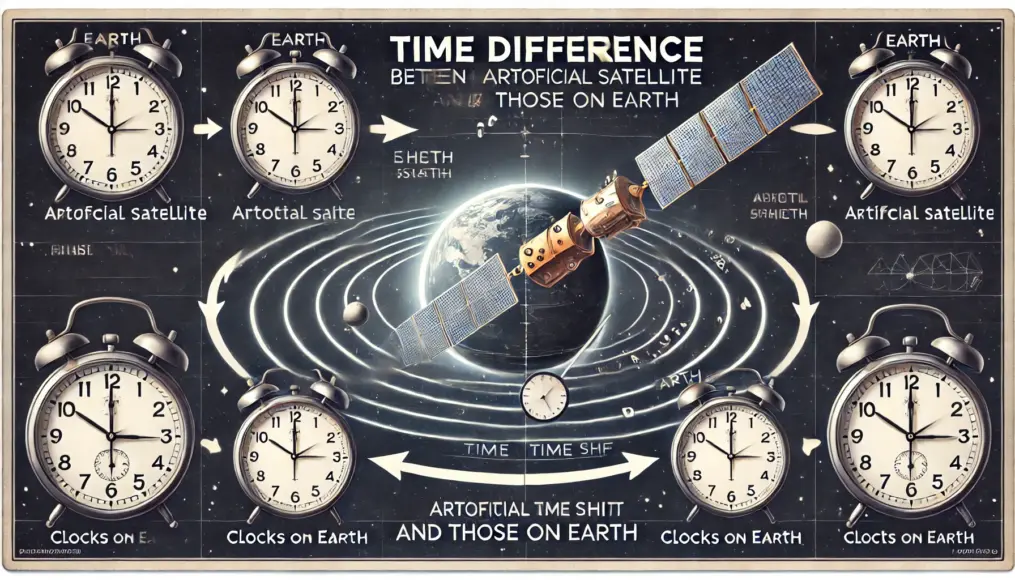 人工衛星と地上での時計の時間差を説明する図