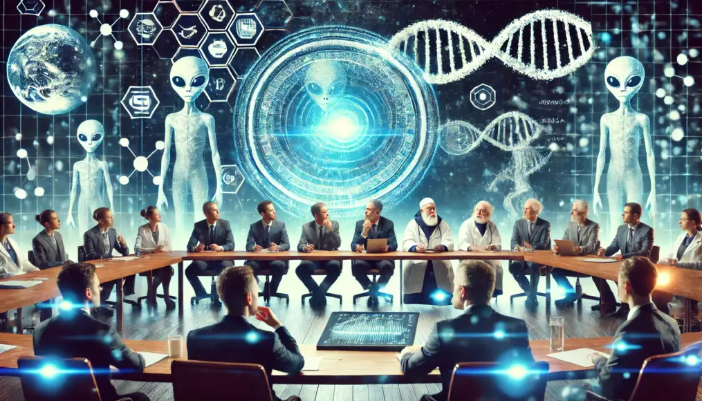 Scientists, theologians, and philosophers discussing the discovery of extraterrestrial life and its impact on human understanding.