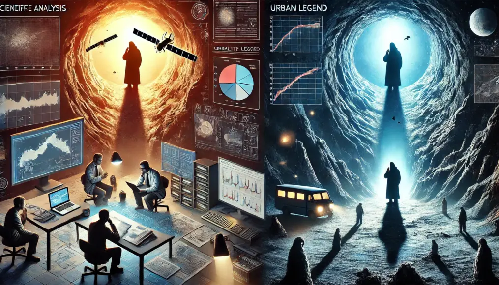 A split image comparing the scientific analysis of the Antarctic cavity to an urban legend interpretation. One side features scientists examining data, while the other shows mysterious shadows emerging from the depths