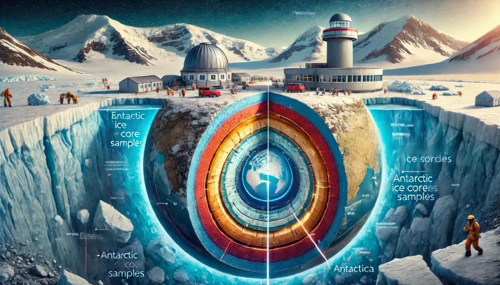 An image showing scientific evidence of axial shifts. Data from Antarctic ice cores is displayed alongside diagrams of Earth's internal structure.