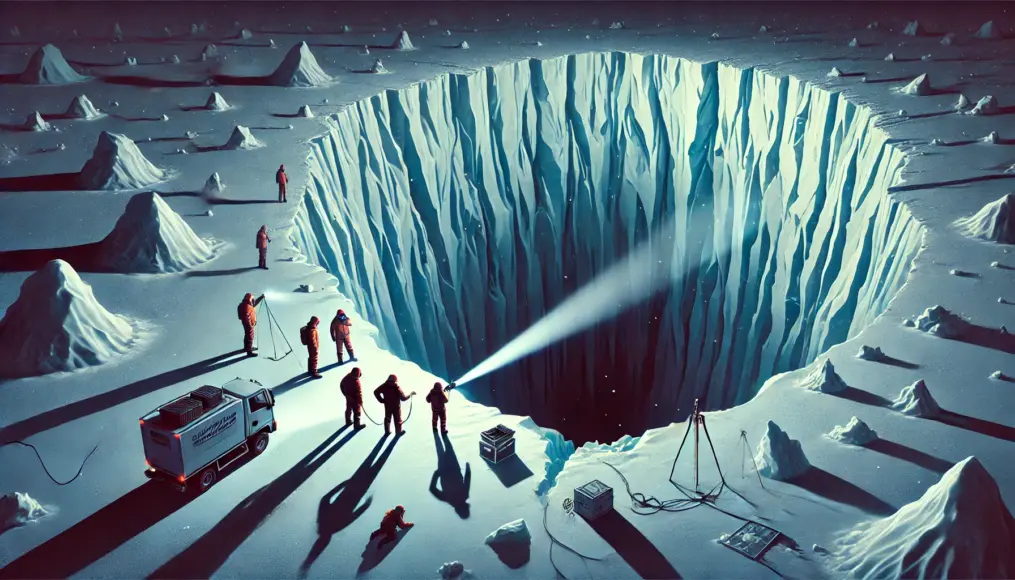 Scientists discovering the massive cavity under Antarctica’s ice. A dark abyss stretches below the icy surface, with mysterious shadows lurking within