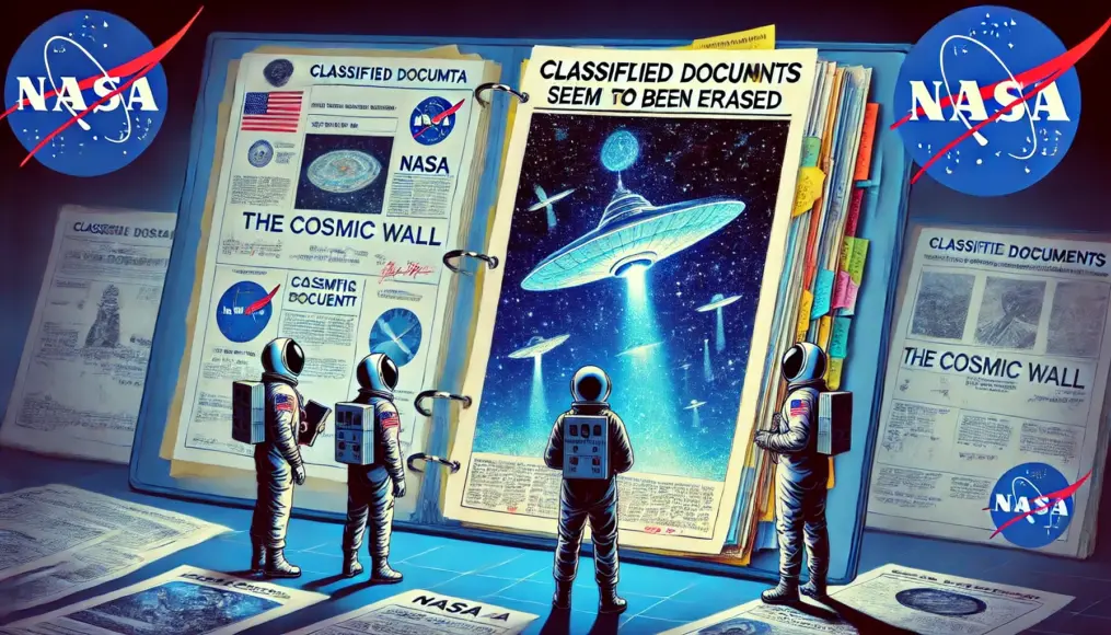 A depiction of classified NASA documents. Records about the cosmic wall seem to have been erased.