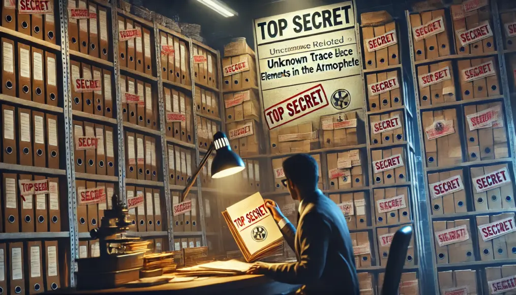 A classified archive room filled with research files labeled as "Confidential" and "Unreleased"