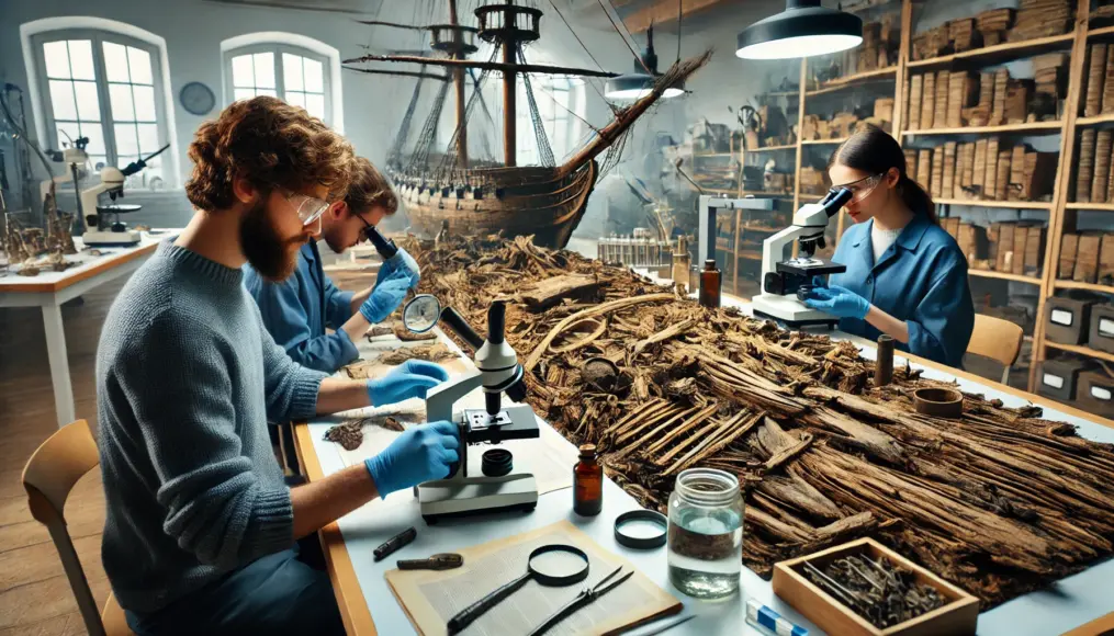 Researchers analyzing ship fragments and tracing their origins to ancient maritime civilizations