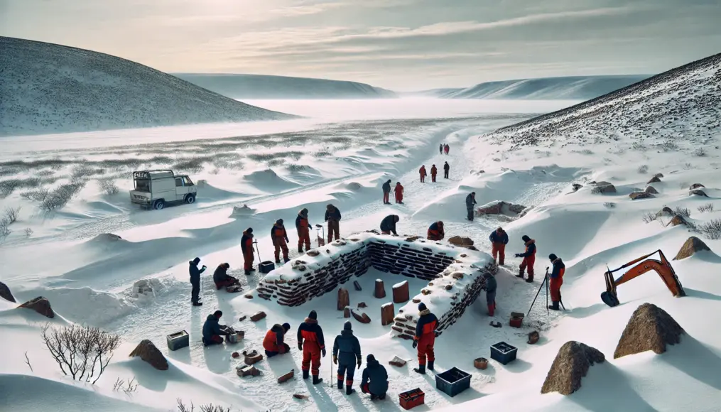 A vast Siberian snowfield with scientists excavating ruins