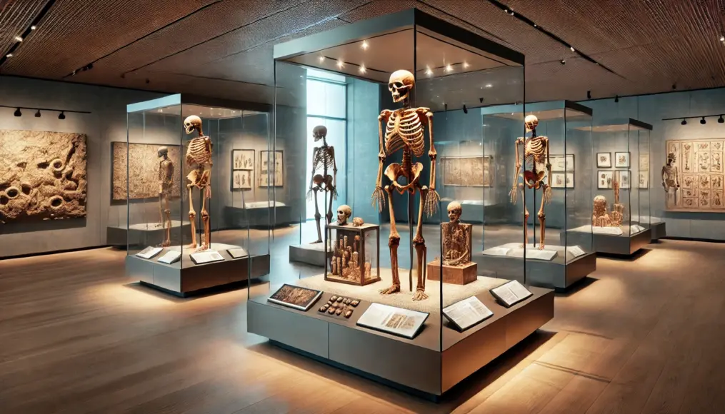 Museum exhibit showing ancient human skeletons with scorch marks