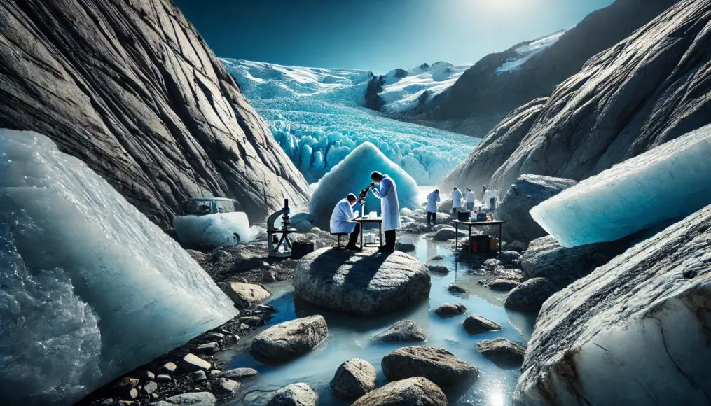 Researchers examining the polished surfaces of massive stones under a bright blue sky with a glacier in the background.