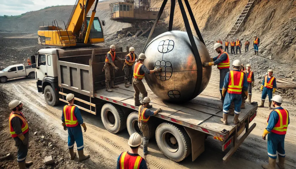 Workers carefully transporting a newly unearthed metal sphere onto a truck at a mining site