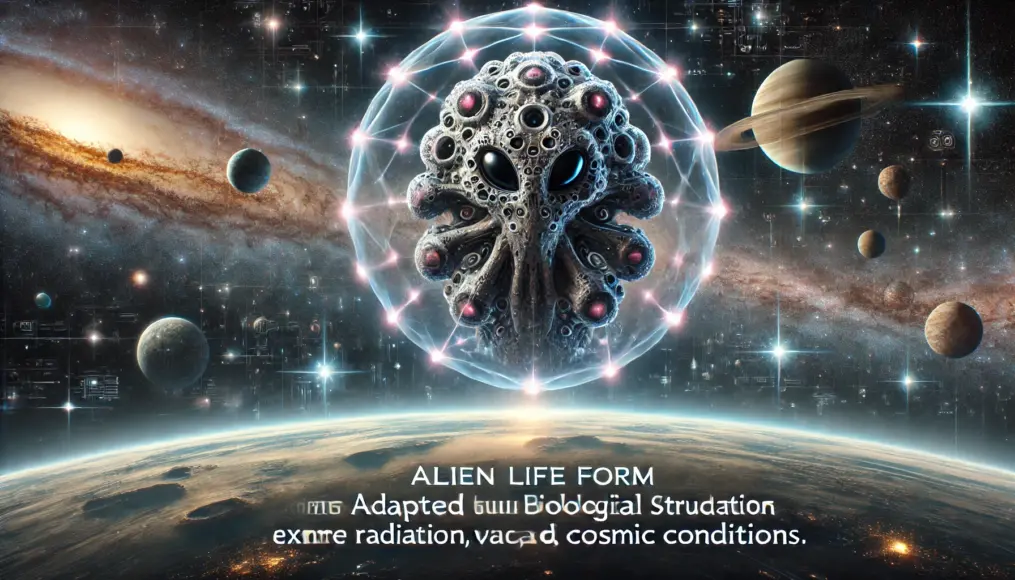 A conceptual visualization of organisms adapted to survive in space, showing their potential survival strategies.