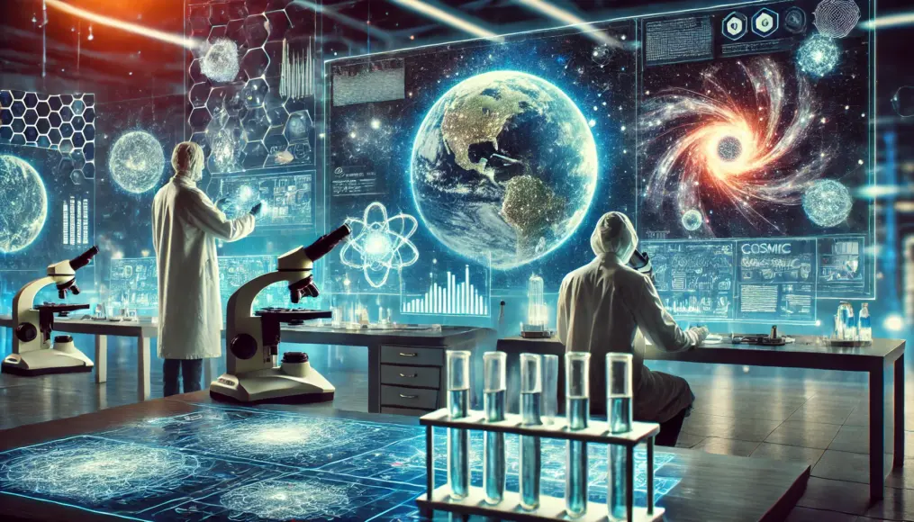 Scientists examining air composition using a high-precision spectrometer.