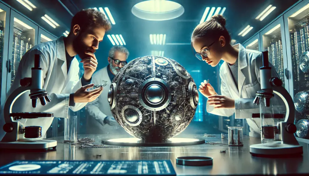 Researchers carefully dismantling a metallic sphere to analyze its components. Their focused expressions are striking