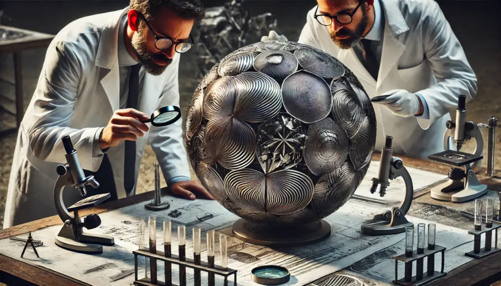 Scientists examining the countless grooves and patterns on the surface of a metal sphere