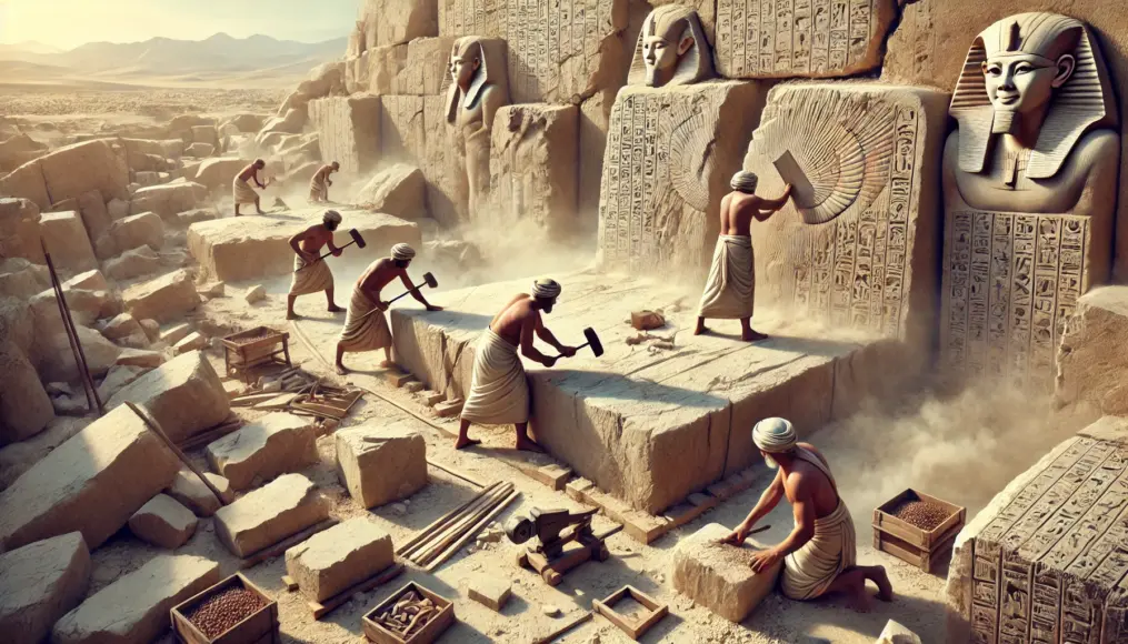 A scene showing tool marks on massive stones, with craftsmen working on the materials