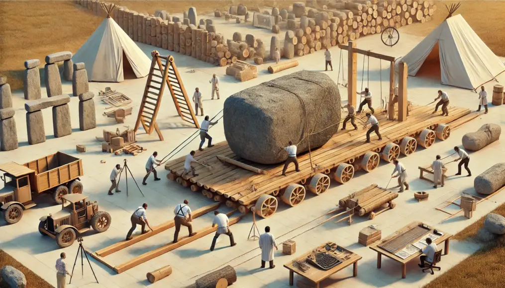 A recreation experiment demonstrating ancient stone transportation techniques, with researchers attempting to move a megalith