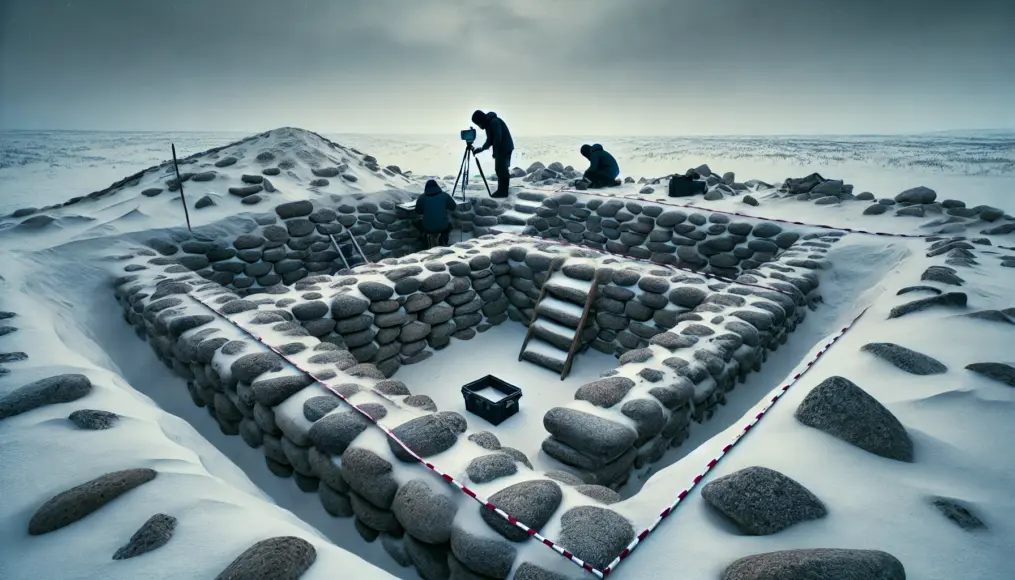 A stone-built structure uncovered in the snowy terrain. Researchers use measuring tools to assess the precision of the stonework.