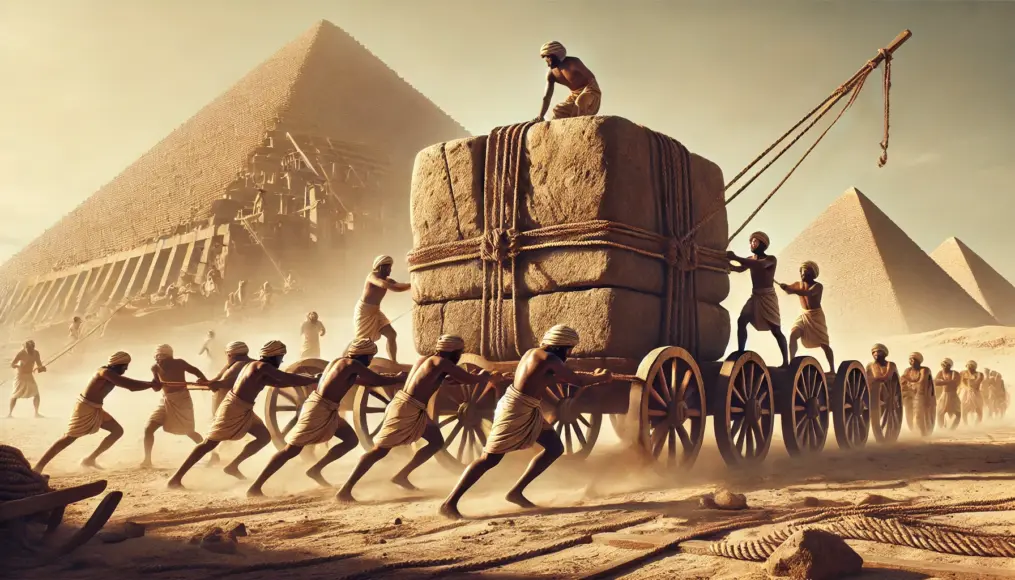 A scene showing ancient Egyptians transporting massive stones. Several people are collaborating, using pulleys and ropes