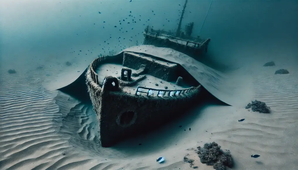 A sunken shipwreck partially buried under sand, as if deliberately hidden