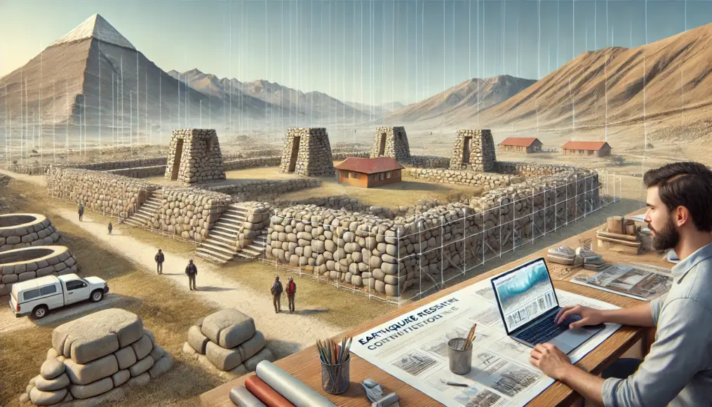 Illustration showing modern architects studying Sacsayhuamán's techniques. The image highlights the potential application of earthquake-resistant constructions inspired by ancient stonework.