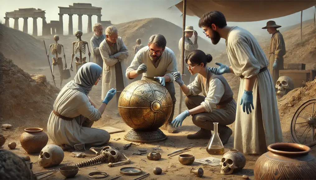 Archaeologists carefully analyzing a metal sphere as potential evidence transcending historical timelines