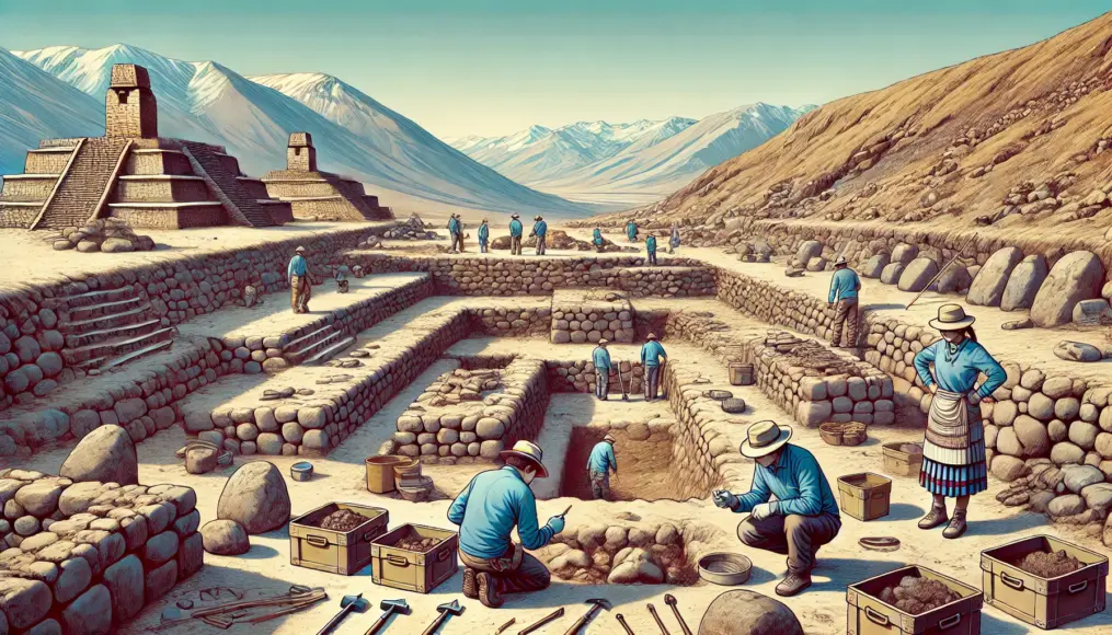 A scene showing archaeologists conducting excavation work at the Tiwanaku ruins, searching for clues