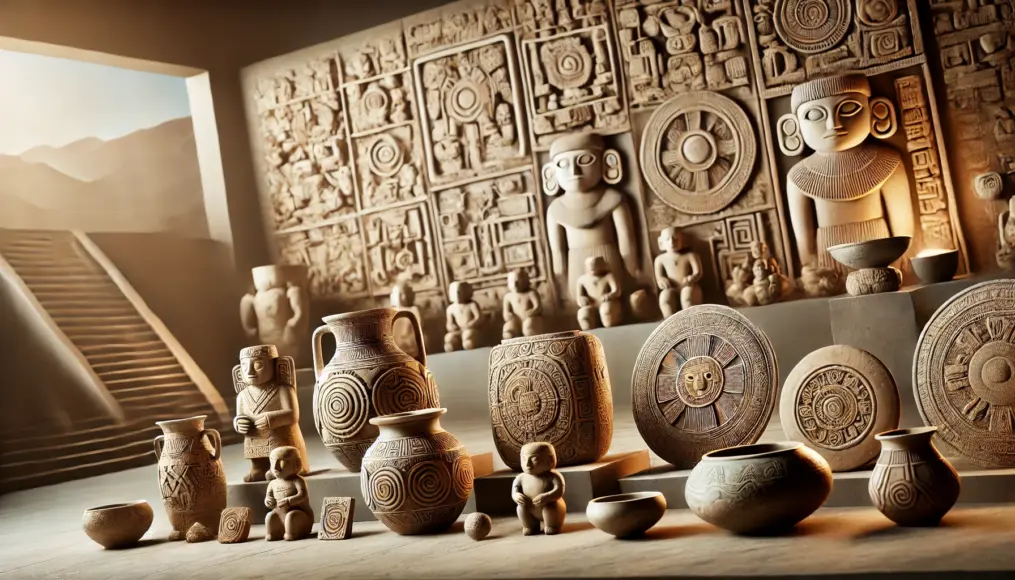 A scene displaying pottery and sculptures discovered at the Tiwanaku ruins, set against a backdrop of cultural symbols