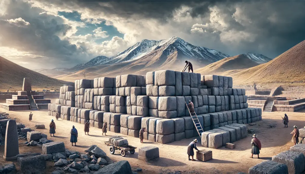 A scene illustrating the earthquake-resistant design of Tiwanaku structures, with a rugged mountain backdrop