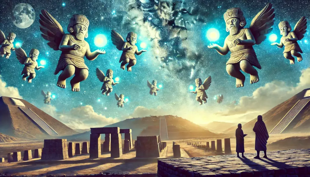 A scene imagining sky-flying gods, with glowing orbs floating in the sky above