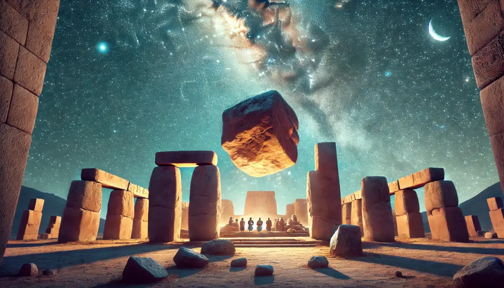 A scene imagining massive stones levitating at the Tiwanaku ruins with the help of gravity manipulation. A starry sky creates a mysterious backdrop