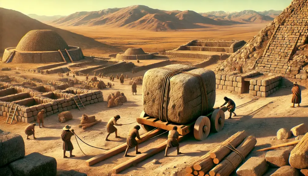 A scene depicting ancient people transporting massive stones at the Tiwanaku ruins, set in a harsh high-altitude environment