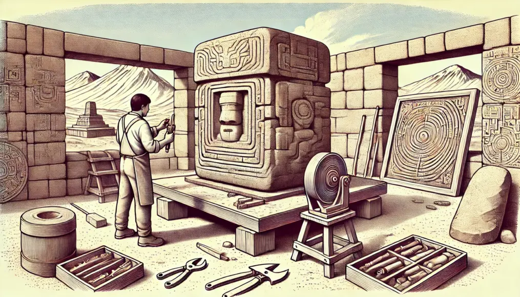 A scene showing craftsmen at the Tiwanaku ruins working on stone cutting, emphasizing the precision of their techniques