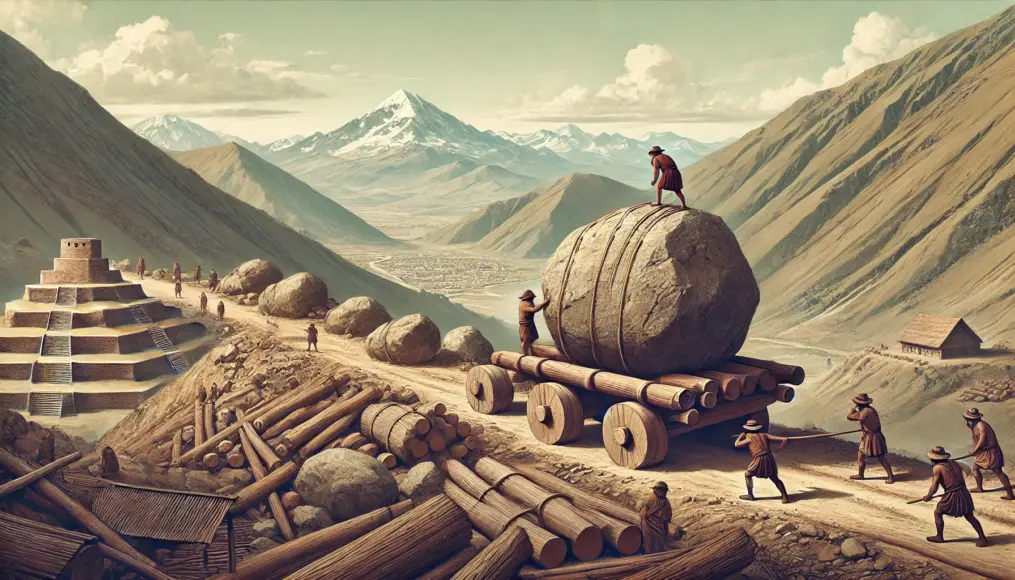 A mountainous landscape depicting the transportation of stones to the Tiwanaku ruins, with ancient people moving stones