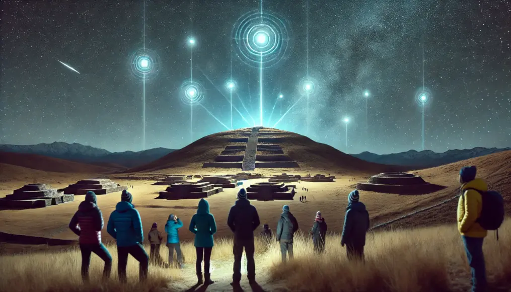 A scene showing people observing strange lights in the night sky near the Tiwanaku ruins