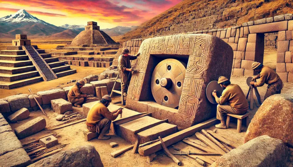 A scene imagining the unknown tools used for processing massive stones at the Tiwanaku ruins, with craftsmen working on the stones