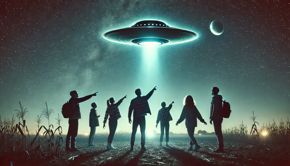 A crowd observing a UFO flying across the night sky, emitting an otherworldly glow.