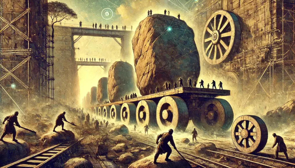 An artistic representation of ancient people transporting massive stones using unknown methods