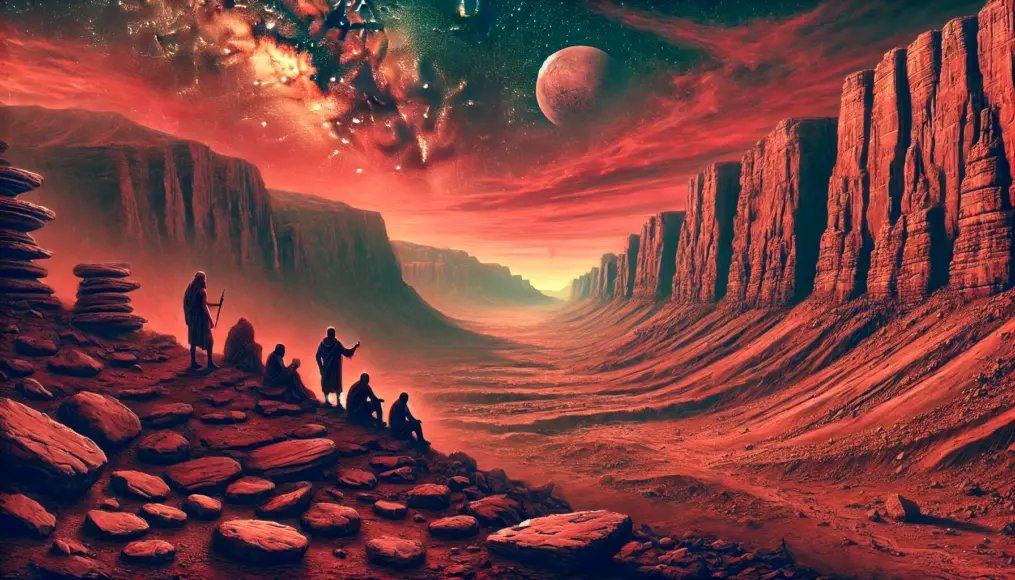 A scene of Valles Marineris on Mars, with ancient figures observing its vastness and a cosmic backdrop