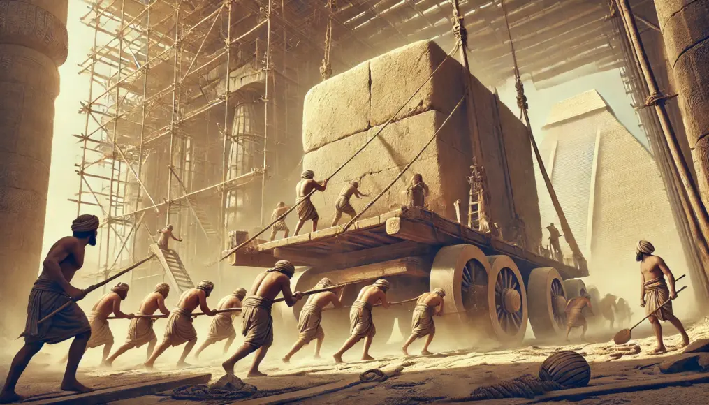 A conceptual illustration of ancient workers using wooden sleds to transport massive stones, requiring coordinated teamwork